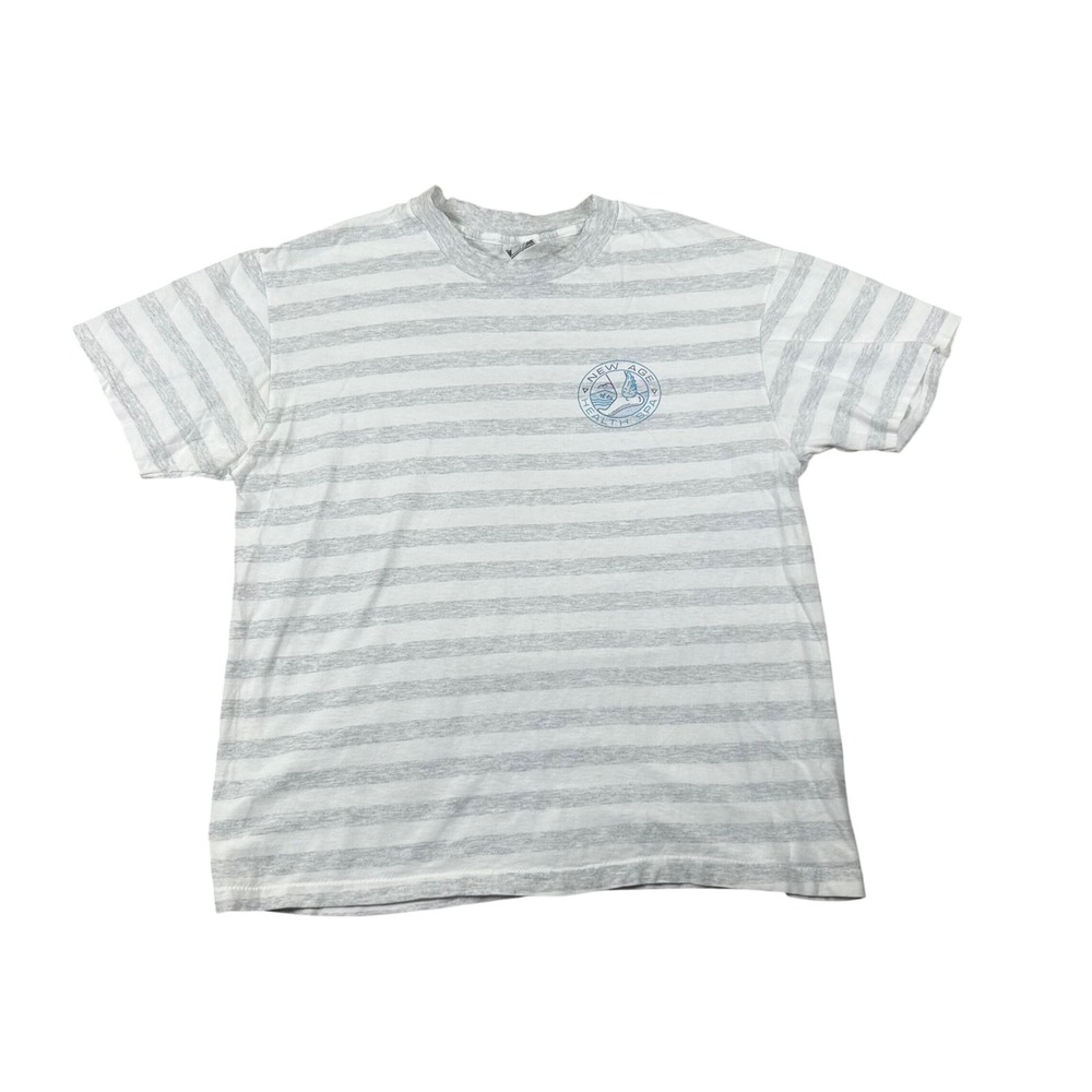 L.A. Sportswear Men Large White Gray Striped New Age Health Spa T-Shirt USA Made